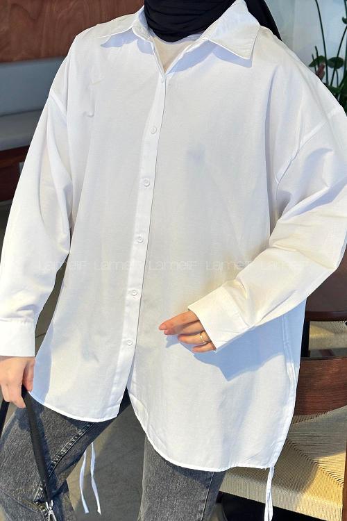 Lamelif Yanları İp Büzgülü Oversize Gömlek Beyaz