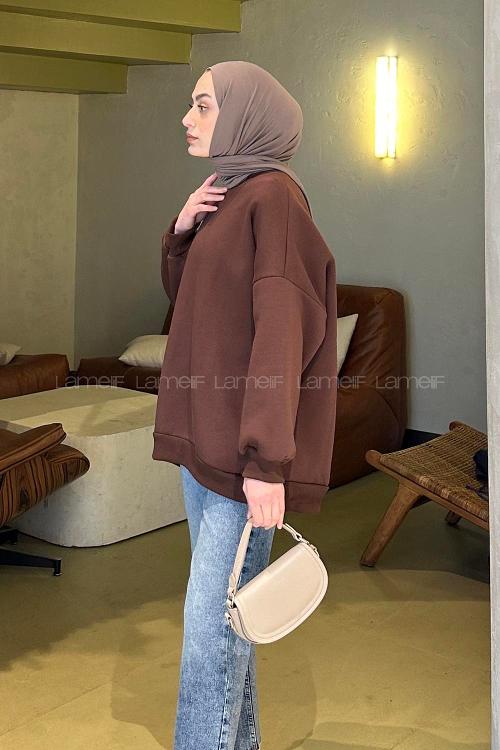 Lamelif Jasmin Bisiklet Yaka Oversize Sweat Acı Kahve
