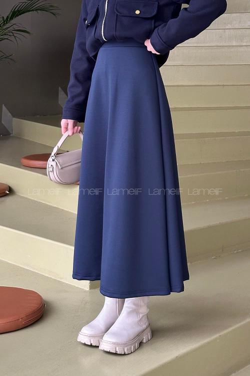 Lamelif Scuba Kumaş Kloş Etek Lacivert