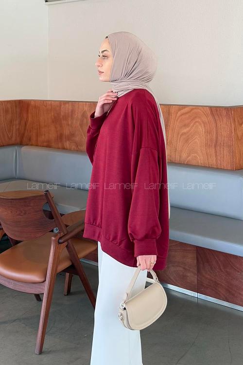 Lamelif Balon Kol Yaka Ve Etek Ucu Manşetli Bol Sweat Bordo