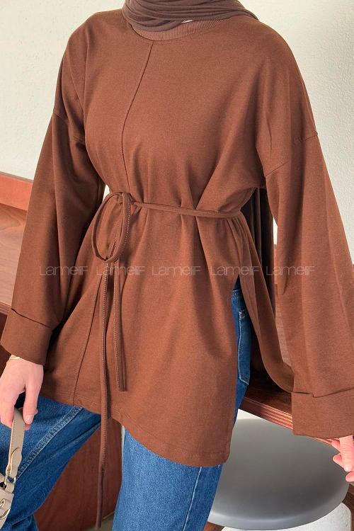 Lamelif Yırtmaç Detaylı Sweat Acı Kahve