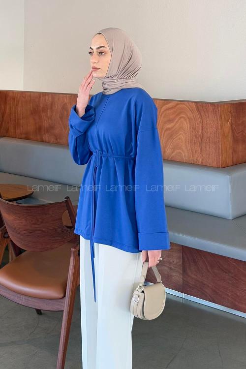 Lamelif Yırtmaç Detaylı Sweat Saks Mavisi