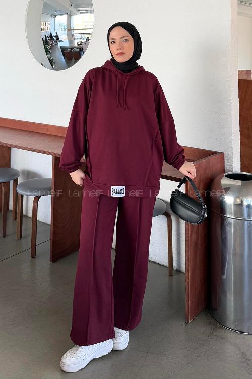 Lamelif Balance Armalı Çımalı İkili Tesettür Takım Bordo