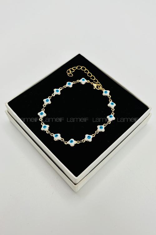 Lamelif Gold Beyaz Yonca Nazar Zarif Bileklik