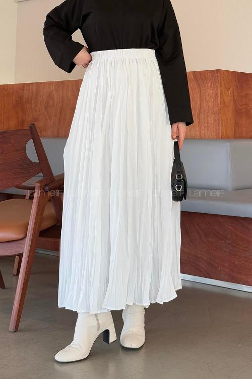 Lamelif Kraşlı Tesettür Etek Beyaz