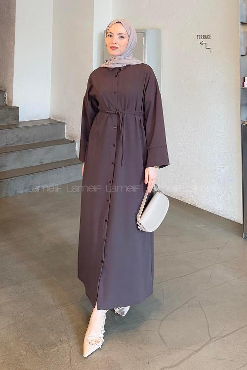 Lamelif Takma Manşet Detaylı Dabıl Tesettür Elbise Acı Kahve