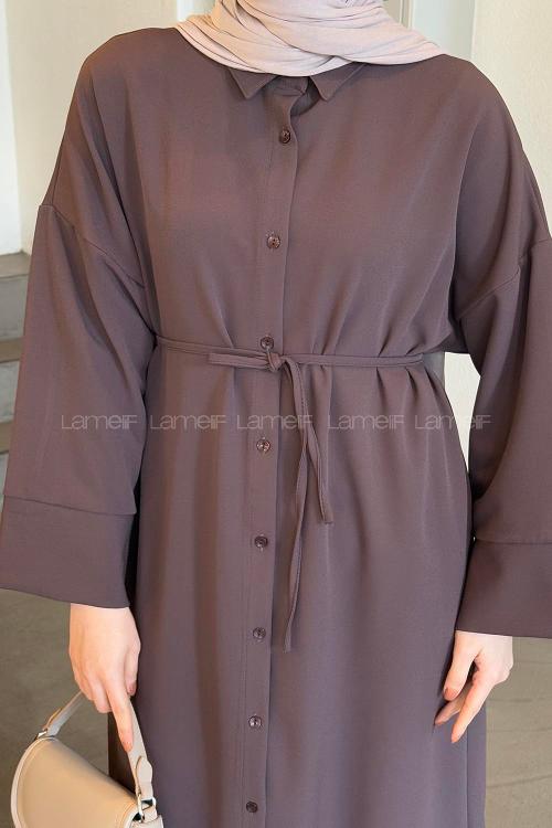 Lamelif Takma Manşet Detaylı Dabıl Tesettür Elbise Acı Kahve