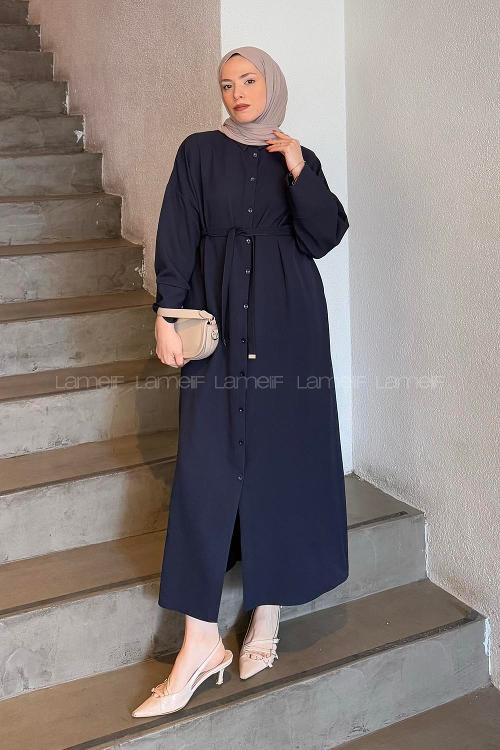 Lamelif Takma Manşet Detaylı Dabıl Tesettür Elbise Lacivert