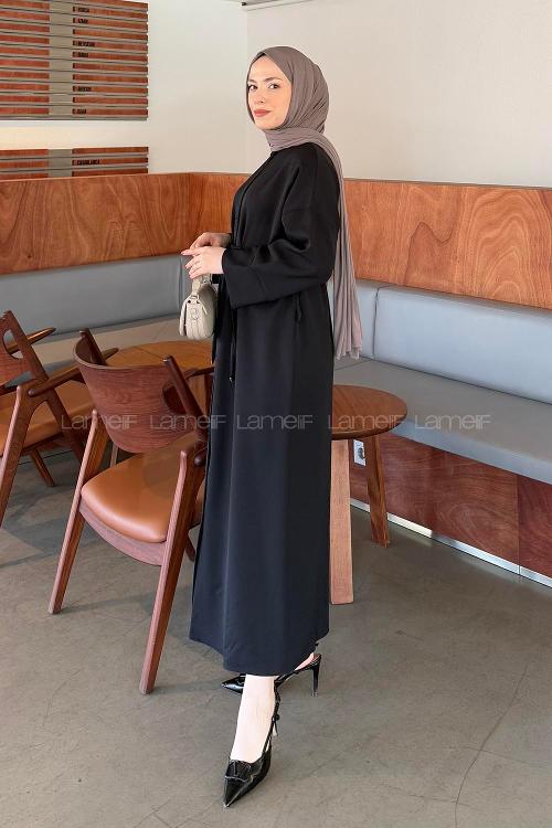 Lamelif Takma Manşet Detaylı Dabıl Tesettür Elbise Siyah
