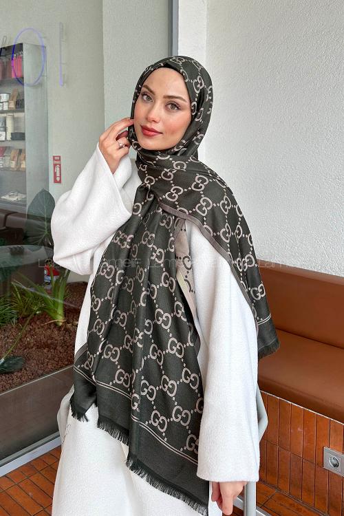 Lamelif G Desen Kaşmir Çift Taraflı Şal Koyu Yeşil Haki