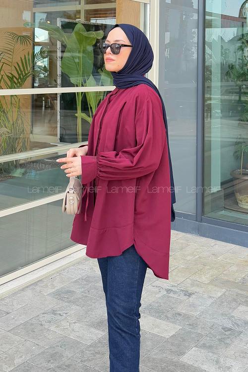 Lamelif Manşeti Biyeli Tunik Bordo