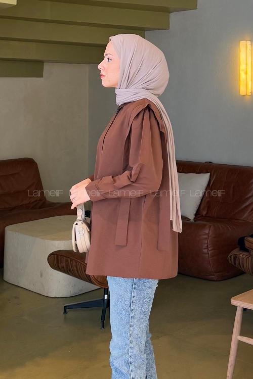 Lamelif Omuz Vatka Detaylı Tesettür Gömlek Acı Kahve