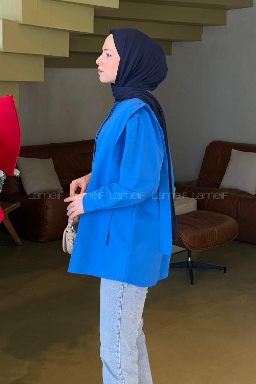 Lamelif Omuz Vatka Detaylı Tesettür Gömlek Saks Mavisi