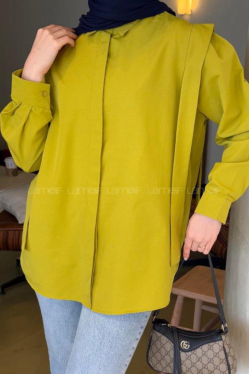 Lamelif Omuz Vatka Detaylı Tesettür Gömlek Yağ Yeşili