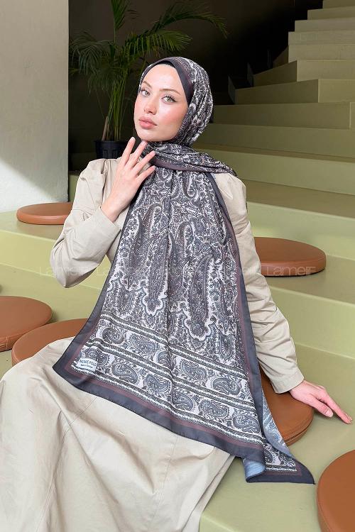 Lamelif Retro Desen Soft Şal Siyah Vizon