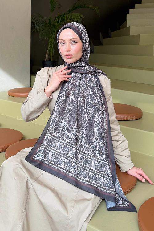 Lamelif Retro Desen Soft Şal Siyah Vizon