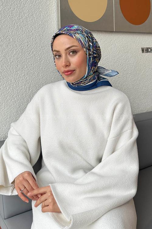 Lamelif Retro Desen kokulu Prime Soft Eşarp Gece Mavisi Sarı