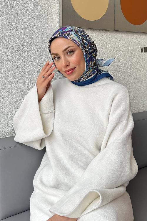 Lamelif Retro Desen kokulu Prime Soft Eşarp Gece Mavisi Sarı