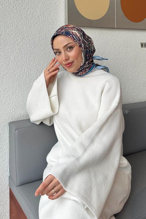 Lamelif Retro Desen kokulu Prime Soft Eşarp Kot Mavi