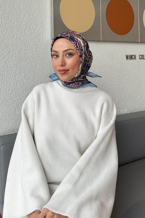 Lamelif Retro Desen kokulu Prime Soft Eşarp Kot Mavi