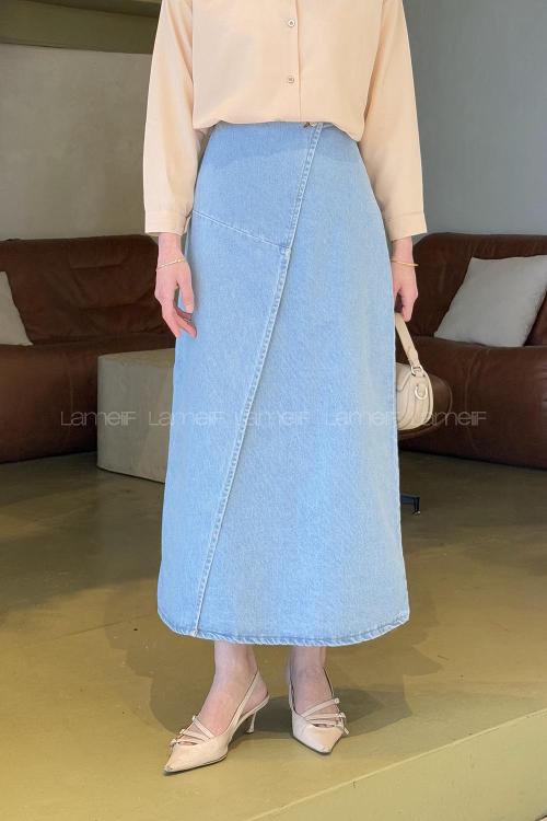 Lamelif Kruvaze Kapama Tesettür Kot Etek Buz Mavisi
