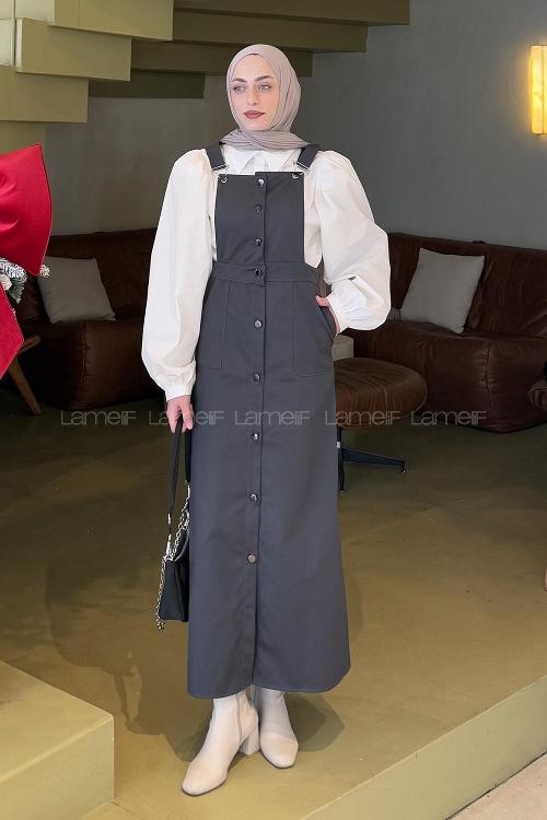 Lamelif Önü Boydan Düğmeli Salopet Antrasit