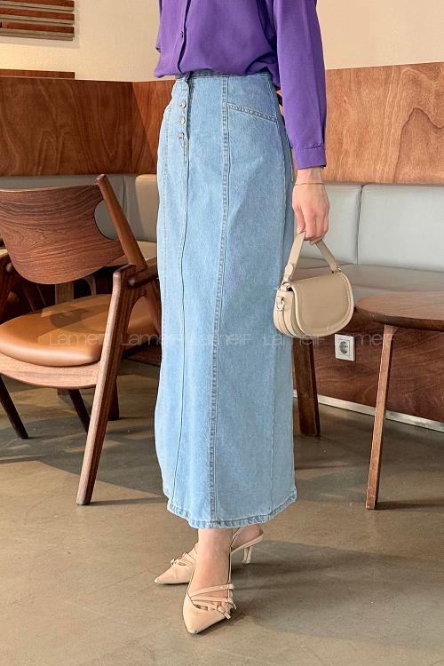 Lamelif Düğme Detaylı Kuplu Tesettür Kot Etek Buz Mavisi