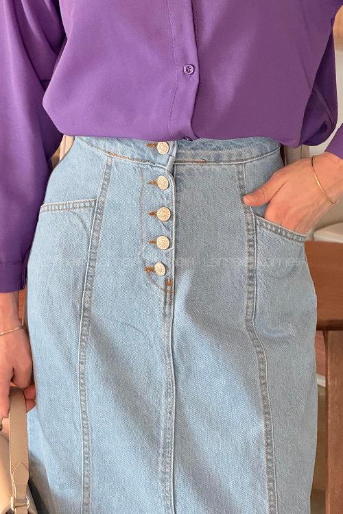 Lamelif Düğme Detaylı Kuplu Tesettür Kot Etek Buz Mavisi