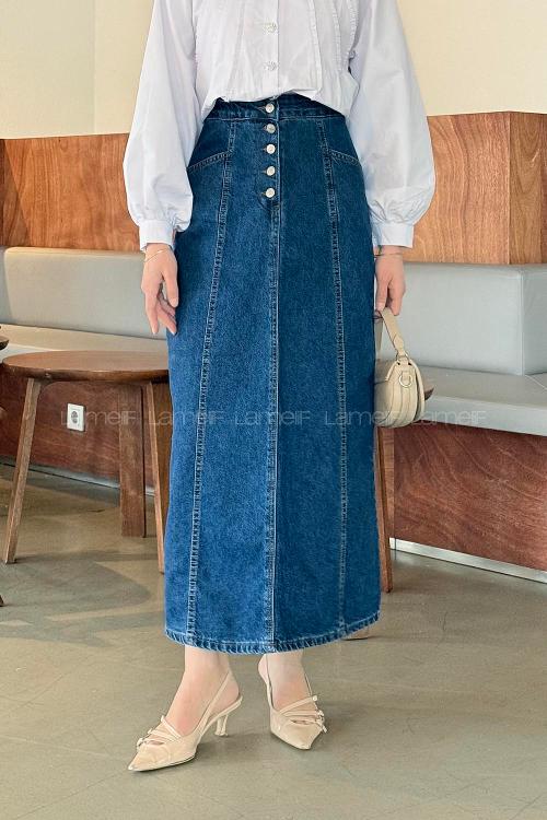 Lamelif Düğme Detaylı Kuplu Tesettür Kot Etek Koyu Mavi