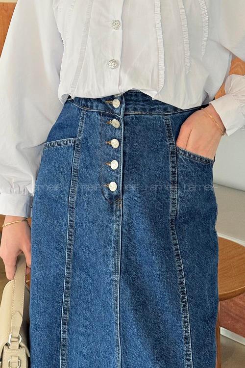 Lamelif Düğme Detaylı Kuplu Tesettür Kot Etek Koyu Mavi