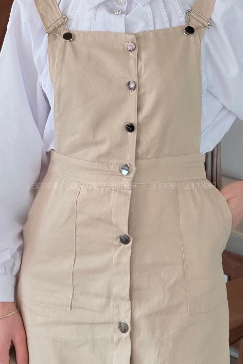 Lamelif Önü Boydan Düğmeli Salopet Krem