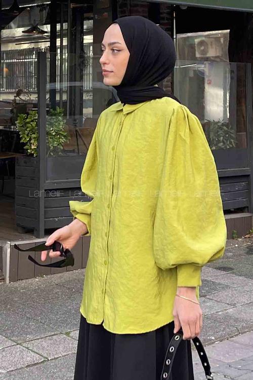 Lamelif Sedef Balon Kol Gömlek Fıstık Yeşili