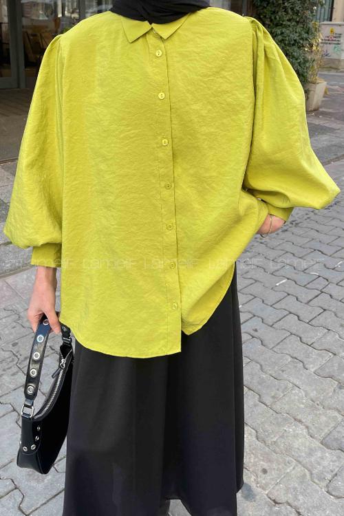 Lamelif Sedef Balon Kol Gömlek Fıstık Yeşili