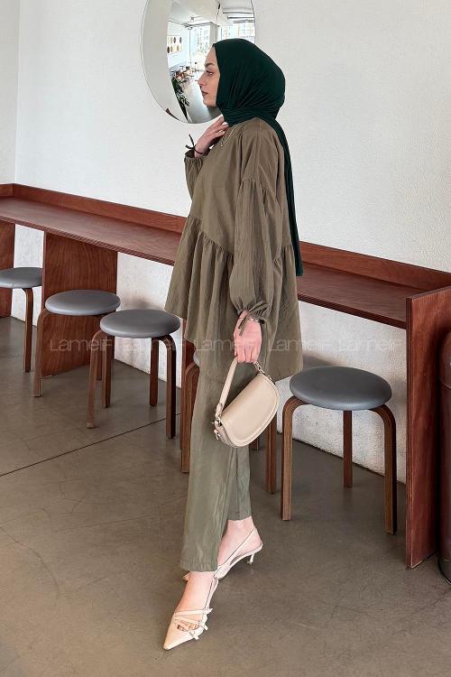 Lamelif Fırfırlı Bluz Pantolon Takım Haki