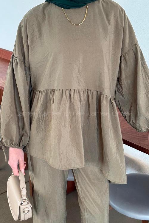 Lamelif Fırfırlı Bluz Pantolon Takım Haki