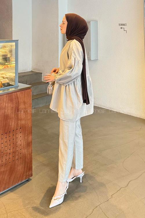Lamelif Fırfırlı Bluz Pantolon Takım Taş