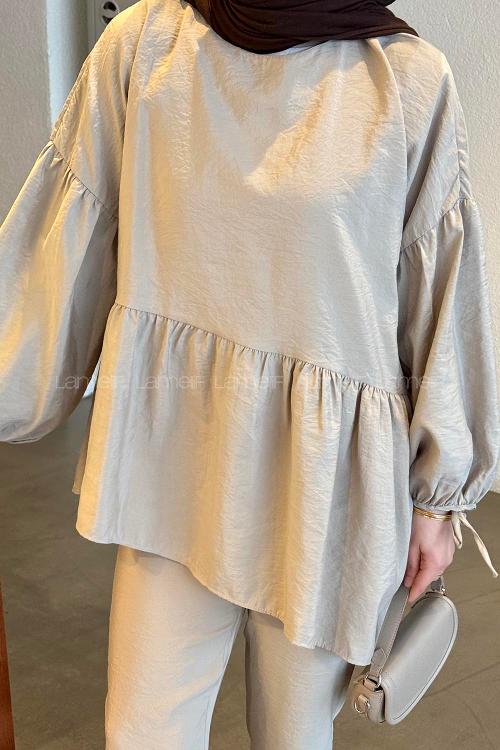 Lamelif Fırfırlı Bluz Pantolon Takım Taş