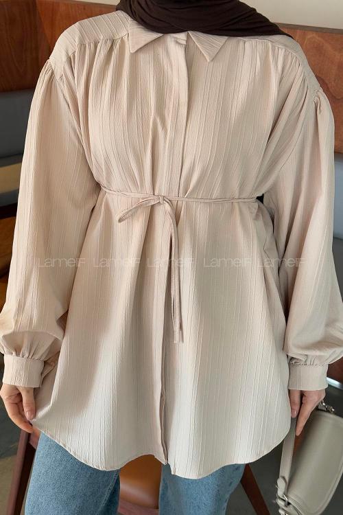 Lamelif Bağlama Detaylı Tesettür Gömlek Bej