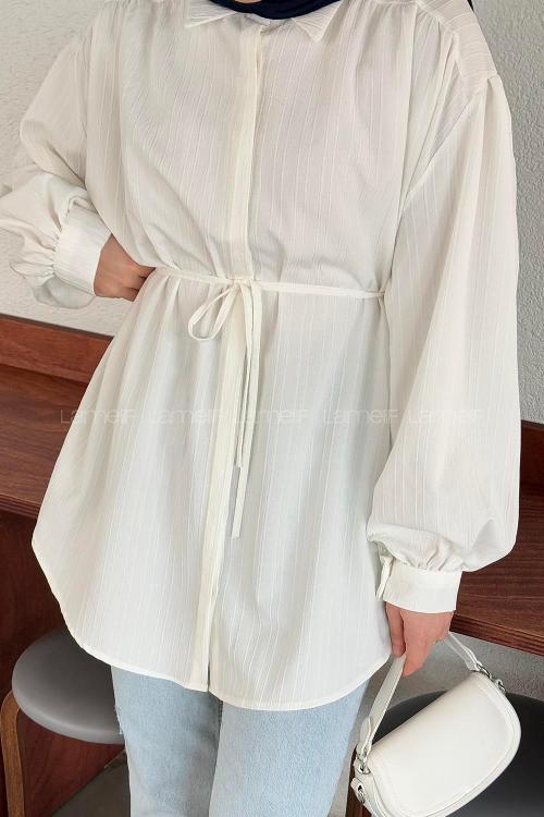 Lamelif Bağlama Detaylı Çilek Tesettür Gömlek Beyaz