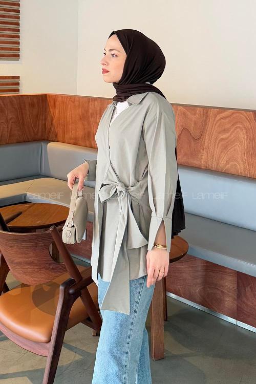 Lamelif Bağlama Detaylı Tesettür Gömlek Haki