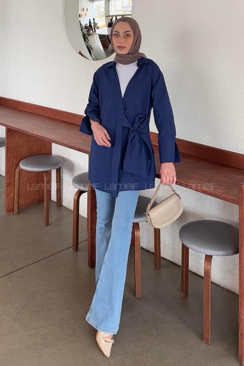 Lamelif Bağlama Detaylı Tesettür Gömlek Lacivert