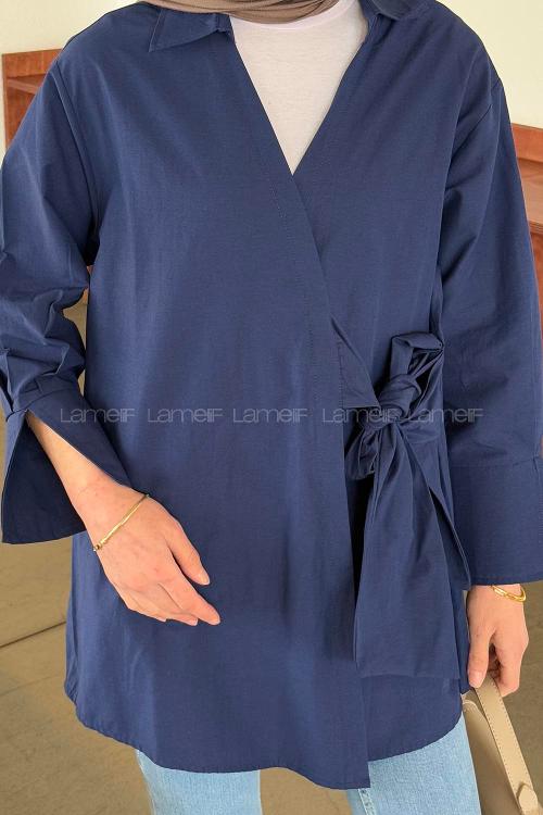 Lamelif Bağlama Detaylı Tesettür Gömlek Lacivert