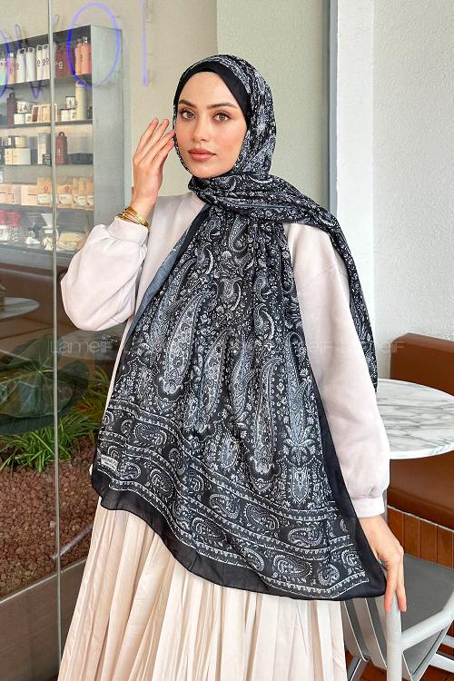 Lamelif Retro Desen Soft Şal Siyah