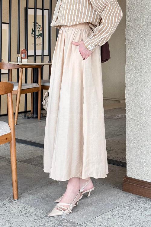 Lamelif Cep Detaylı Keten Etek Sütlü Kahve