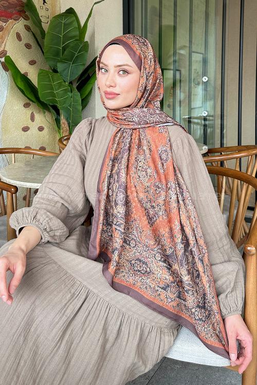 Lamelif Retro Desen Soft Şal Kahverengi Turuncu