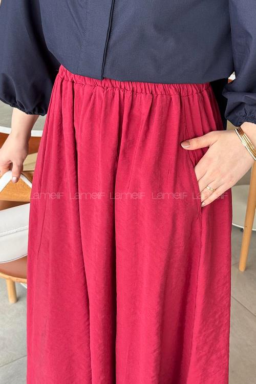 Lamelif Cep Detaylı Keten Etek Vişne Rengi