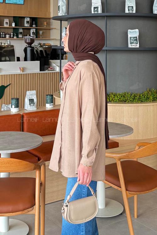 Lamelif Pera Keten Tesettür Gömlek Kahve