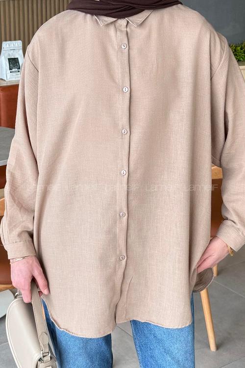 Lamelif Pera Keten Tesettür Gömlek Kahve