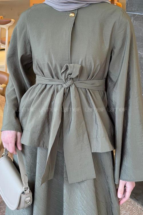 Lamelif Bağcıklı Etek-Bluz İkili Takım Haki