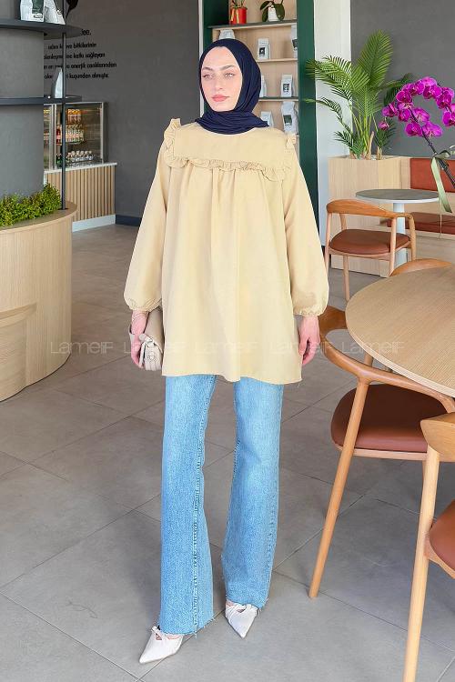 Lamelif Bisiklet Yaka Omuz Fırfırlı Tunik Bej